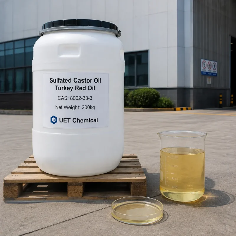sulfated-castor-oil-turkey-red-oil-cas-8002-33-3-200kg-plastic-drum-sample A 200kg white plastic drum of Sulfated Castor Oil (Turkey Red Oil) CAS 8002-33-3 on wooden pallet, with a beaker and petri dish of yellow liquid sample beside it, outside a factory building.