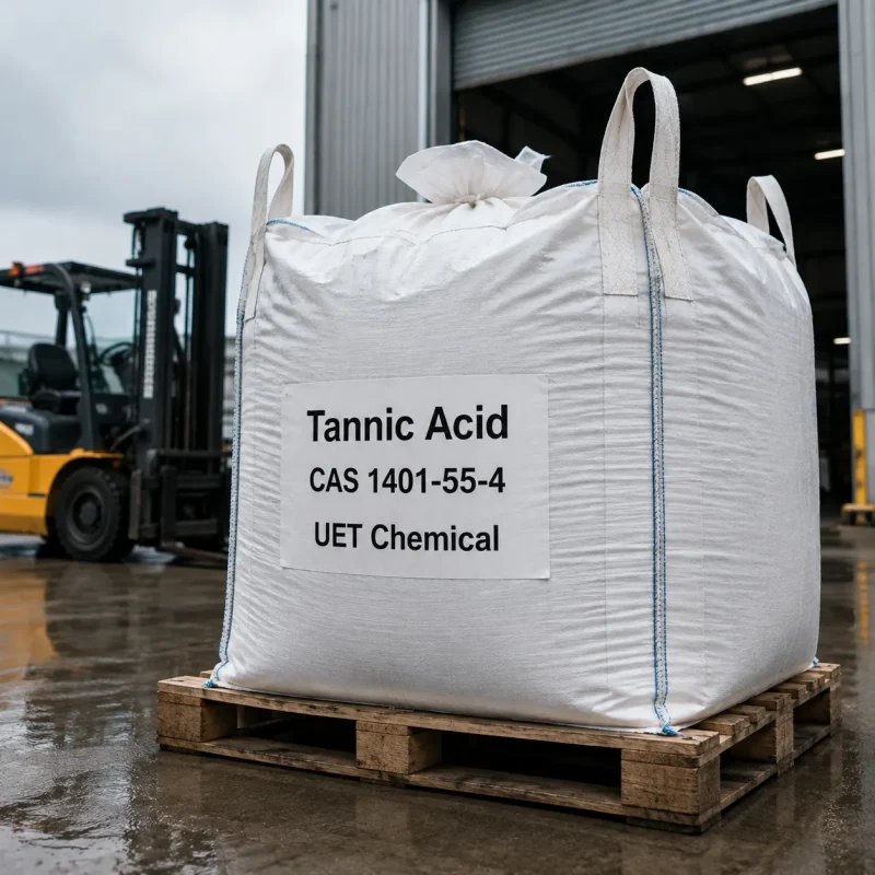 White jumbo bag (ton bag) of Tannic Acid CAS 1401-55-4 on a pallet near a forklift, suitable for large-scale industrial export and logistics by UET Chemical.