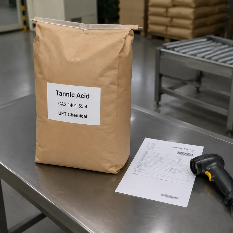 Kraft paper bag of Tannic Acid CAS 1401-55-4 on a metal table with shipping documents and scanner, ready for dispatch by UET Chemical.