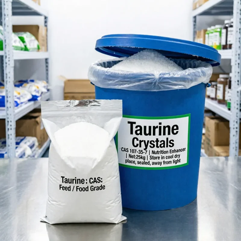 taurine-cas-107-35-7-25kg-plastic-drum-feed-food-grade-sample 25kg plastic drum of Taurine Crystals CAS 107-35-7 with inner moisture-proof liner alongside a sample bag, clearly labeled as Feed/Food Grade and Nutrition Enhancer for diverse industrial applications.