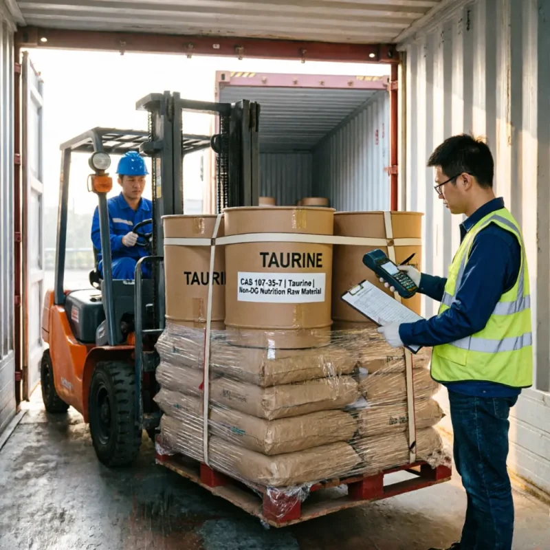 taurine-cas-107-35-7-container-loading-bulk-export-forklift Forklift loading palletized Taurine CAS 107-35-7 Non-DG nutrition raw material into a shipping container, while a warehouse worker conducts inventory check, demonstrating reliable bulk export logistics.