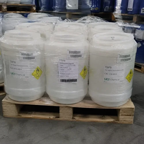 tbpb-cas-614-45-9-25kg-white-plastic-drums-pallet White plastic drums of Tert-Butyl peroxybenzoate (TBPB) CAS 614-45-9 (25kg) with Class 5.2 organic peroxide labels on a pallet.