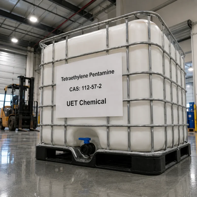 tetraethylene-pentamine-cas-112-57-2-white-ibc-tote-tank White IBC tote tank (1000L) containing Tetraethylene Pentamine CAS 112-57-2 with metal cage and valve, labeled UET Chemical, situated in a warehouse with a forklift nearby.