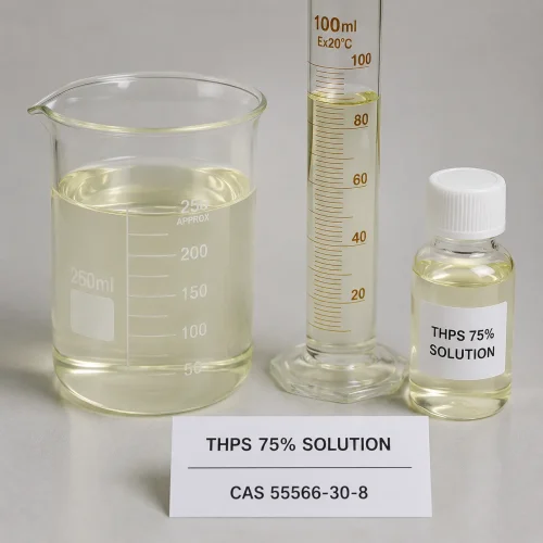 tetrakis-hydroxymethyl-phosphonium-sulfate-cas-55566-30-8-liquid Clear pale yellow THPS 75% solution liquid in beaker, graduated cylinder and sample bottle, CAS 55566-30-8 label card