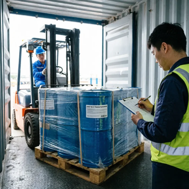 thiamine-hydrochloride-cas-67-03-8-bulk-drum-container-loading-export Forklift operator loading a pallet of bulk Thiamine Hydrochloride CAS 67-03-8 drums into an export shipping container while an inspector documents the process, ensuring accurate logistics for global delivery.