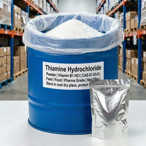 thiamine-hydrochloride-powder-cas-67-03-8-blue-drum-foil-sample-bag Bulk 25kg blue drum of Thiamine Hydrochloride Powder CAS 67-03-8 (Vitamin B1 HCl) with an inner moisture-proof liner and a foil sample bag, highlighting versatile Feed/Food/Pharma Grade quality.