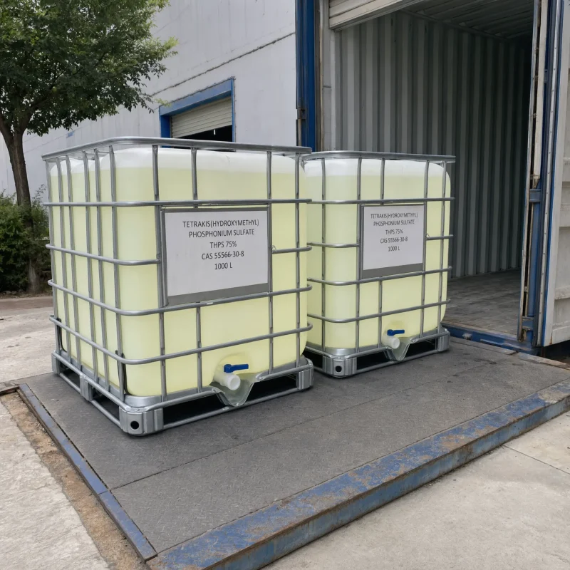 thps-cas-55566-30-8-1000l-ibc-totes 1000L IBC totes of tetrakis(hydroxymethyl)phosphonium sulfate THPS 75% CAS 55566-30-8 at loading dock