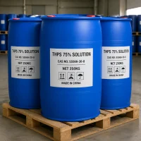 thps-cas-55566-30-8-250kg-plastic-drums Blue HDPE plastic drums of THPS 75% solution CAS 55566-30-8, net 250kg, on wooden pallet in warehouse