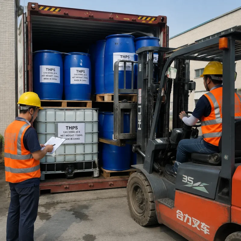thps-cas-55566-30-8-drums-container-loading Chinese workers loading THPS CAS 55566-30-8 blue drums and IBC tote into container by forklift for export