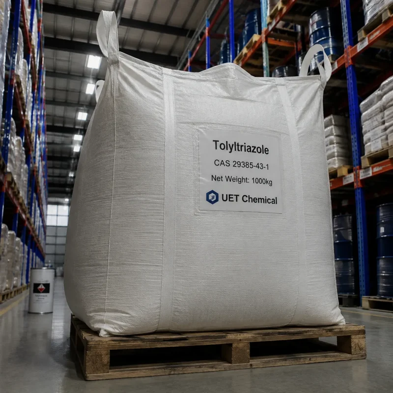 tolyltriazole-tta-cas-29385-43-1-1000kg-ton-bag-warehouse A 1000kg white ton bag of Tolyltriazole (TTA) CAS 29385-43-1 on wooden pallet, labeled UET Chemical, in a warehouse with high shelving units.
