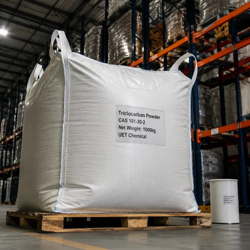 triclocarban-powder-cas-101-20-2-1000kg-ton-bag-bulk A large 1000kg white ton bag of Triclocarban Powder CAS 101-20-2 labeled UET Chemical on a wooden pallet, with a small sample drum beside it for size reference in a warehouse.