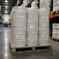 triclocarban-powder-cas-101-20-2-25kg-fiber-drum-pallet Six white fiber drums of Triclocarban Powder CAS 101-20-2, each labeled 25kg net weight by UET Chemical, shrink-wrapped on a wooden pallet in a warehouse aisle.