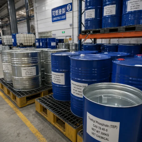 Bulk triethyl phosphate (TEP) CAS 78-40-0 stock in 200kg drums stored in warehouse for fast supply