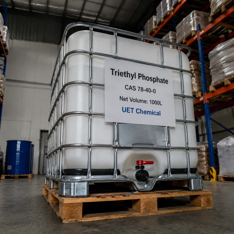 triethyl-phosphate-tep-cas-78-40-0-1000l-ibc-tank-warehouse A 1000L white IBC tank of Triethyl Phosphate (TEP) CAS 78-40-0 with metal cage frame and bottom valve on wooden pallet, labeled UET Chemical, in a warehouse setting.