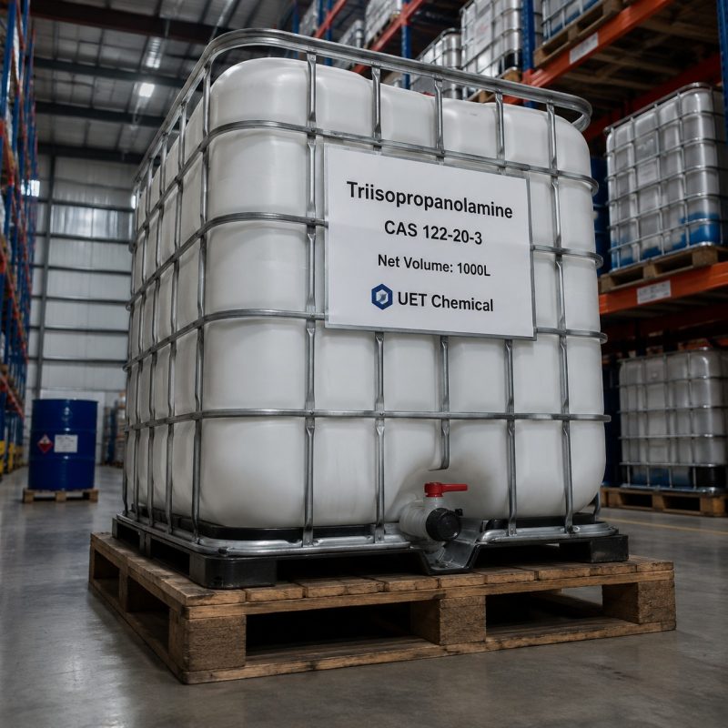 triisopropanolamine-tipa-cas-122-20-3-1000l-ibc-tank-warehouse A 1000L white IBC tank of Triisopropanolamine (TIPA) CAS 122-20-3 with metal cage frame and bottom valve on wooden pallet, labeled UET Chemical, in a warehouse setting.