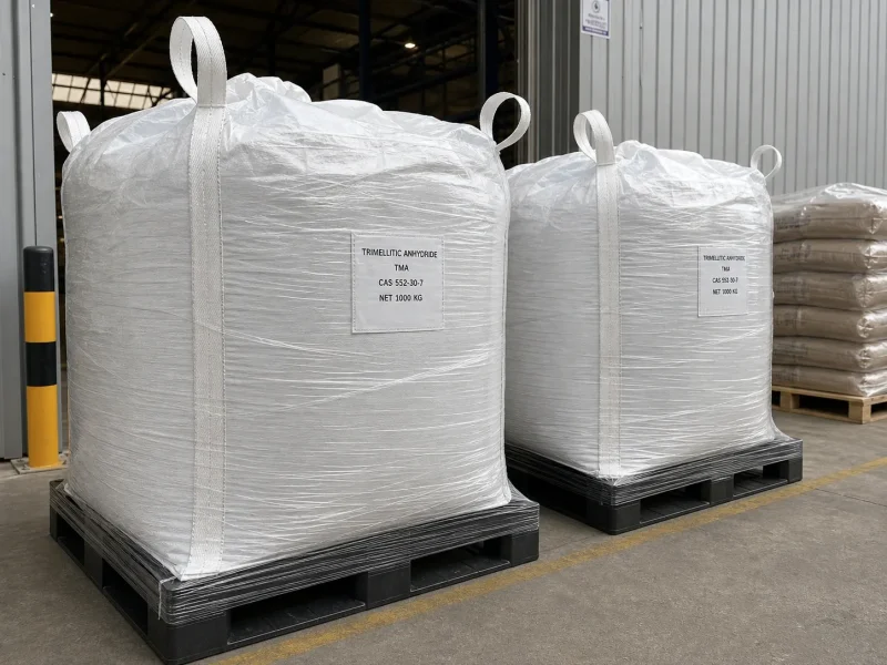 trimellitic-anhydride-tma-cas-552-30-7-1000kg-ton-bags Stretch-wrapped 1000kg FIBC ton bags of Trimellitic Anhydride TMA CAS 552-30-7 on plastic pallets at loading area