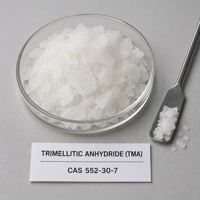 trimellitic-anhydride-tma-cas-552-30-7-white-flakes White crystalline Trimellitic Anhydride (TMA) CAS 552-30-7 flakes in glass dish with stainless spatula and label card