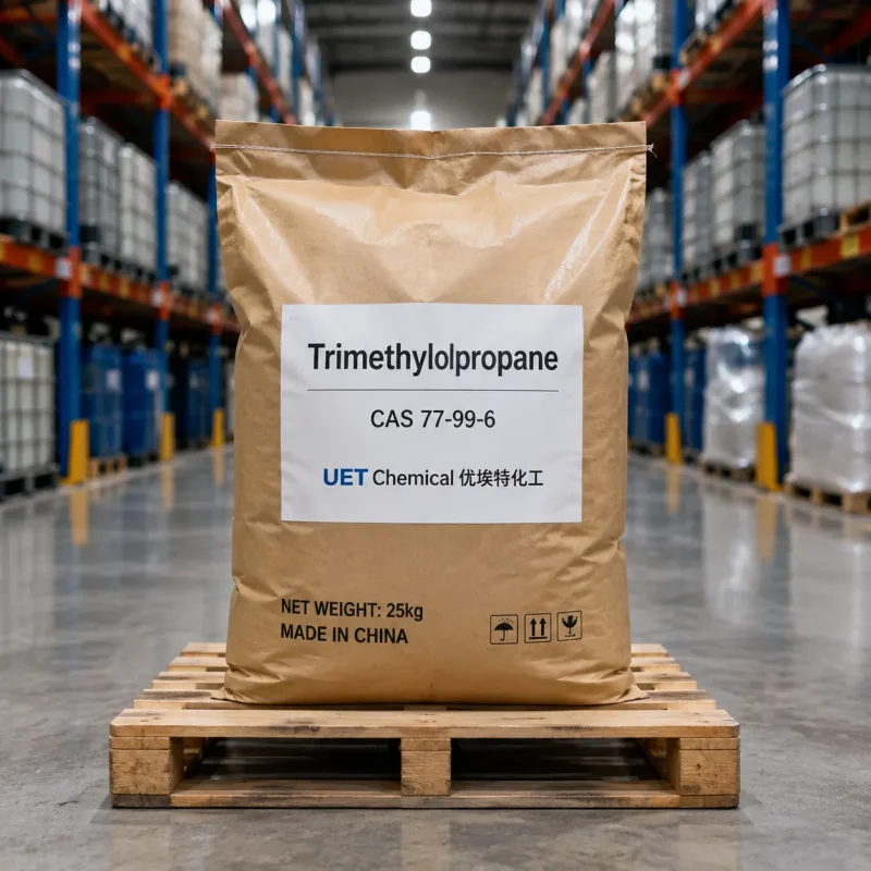 trimethylolpropane-tmp-cas-77-99-6-25kg-paper-bag-on-pallet A 25kg brown paper bag of Trimethylolpropane TMP CAS 77-99-6 on a wooden pallet in a warehouse, labeled with UET Chemical branding and 'MADE IN CHINA' mark.