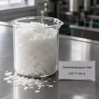 trimethylolpropane-tmp-cas-77-99-6-white-flake-sample-beaker White flake sample of Trimethylolpropane TMP CAS 77-99-6 in a transparent glass beaker on a metal lab bench, next to a label card showing product name and CAS number.