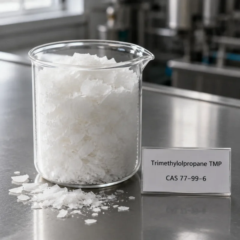 trimethylolpropane-tmp-cas-77-99-6-white-flake-sample-beaker White flake sample of Trimethylolpropane TMP CAS 77-99-6 in a transparent glass beaker on a metal lab bench, next to a label card showing product name and CAS number.