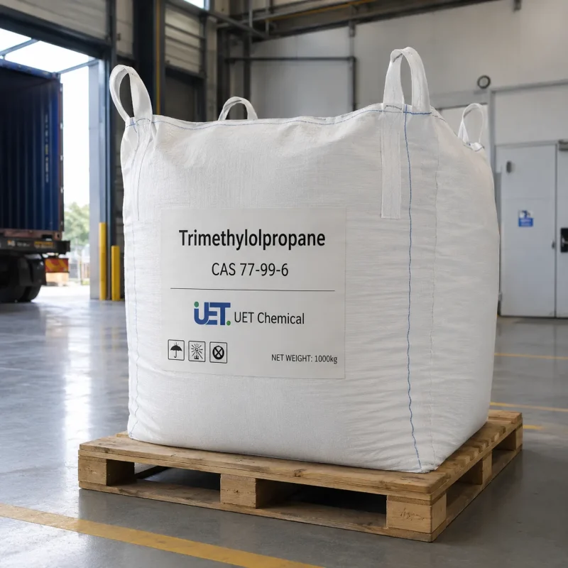 trimethylolpropane-tmp-cas-77-99-6-white-ton-bag-on-pallet Large white ton bag of Trimethylolpropane TMP CAS 77-99-6 on a wooden pallet inside a warehouse, labeled with UET Chemical branding and net weight of 1000kg.