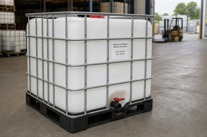 trimethylolpropane-triacrylate-cas-15625-89-5-ibc-tote-packaging-1 Trimethylolpropane Triacrylate (TMPTA) CAS 15625-89-5 packaged in a 1000kg IBC tote in a warehouse.