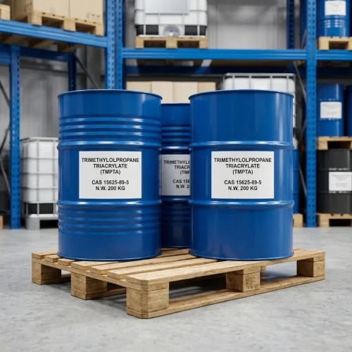 Three blue metal drums of Trimethylolpropane Triacrylate (TMPTA) CAS 15625-89-5, each labeled with 200kg net weight, stacked on a wooden pallet in a warehouse with shelving in the background.