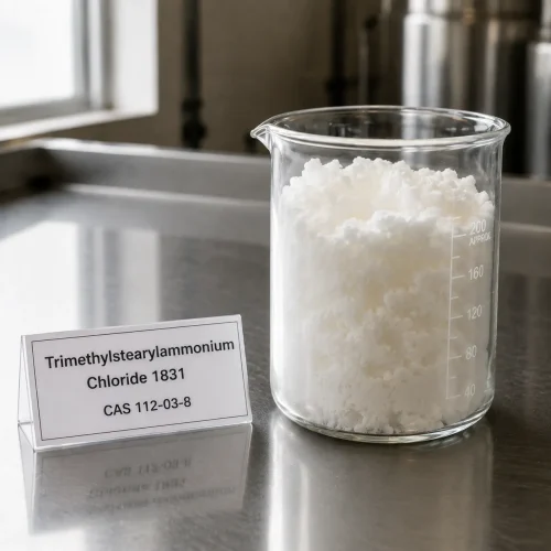 White crystalline powder sample of Trimethylstearylammonium Chloride 1831 CAS 112-03-8 in a transparent glass beaker on a metal lab bench, next to a label card showing product name and CAS number.
