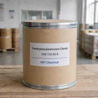 trimethylstearylammonium-chloride-cas-112-03-8-brown-paper-drum-in-warehouse Brown paper drum of Trimethylstearylammonium Chloride CAS 112-03-8 on a wooden pallet inside a warehouse, labeled with UET Chemical branding.