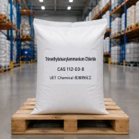 trimethylstearylammonium-chloride-cas-112-03-8-white-woven-bag-on-pallet A white woven bag of Trimethylstearylammonium Chloride CAS 112-03-8 on a wooden pallet in a warehouse, labeled with UET Chemical branding.