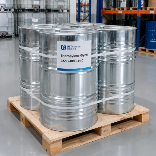 tripropylene-glycol-tpg-cas-24800-44-0-steel-drums Galvanized steel drums of Tripropylene Glycol (TPG) CAS 24800-44-0 strapped on wooden pallet in warehouse