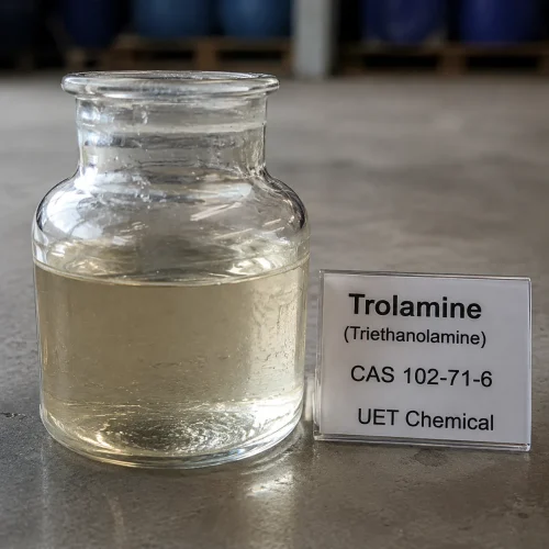 trolamine-triethanolamine-cas-102-71-6-clear-liquid-sample A clear glass reagent bottle containing colorless liquid Trolamine (Triethanolamine) CAS 102-71-6, with a labeled acrylic sign beside it, on a concrete floor in a warehouse setting.