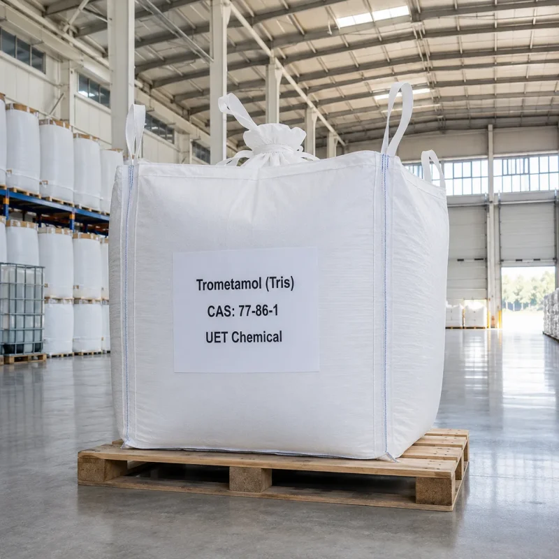 Large white bulk ton bag of Trometamol (Tris) CAS 77-86-1 on a wooden pallet in an industrial warehouse, labeled with UET Chemical branding for bulk shipping.