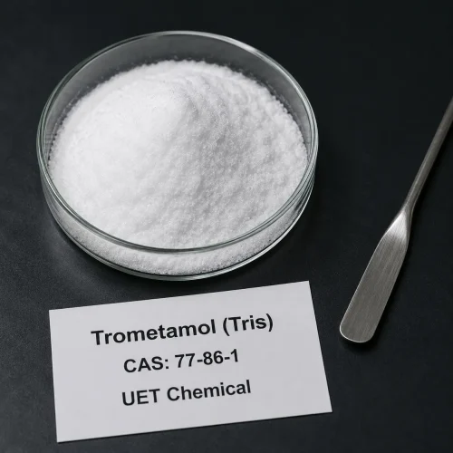 trometamol-tris-cas-77-86-1-white-crystalline-powder-sample White crystalline powder sample of Trometamol (Tris) CAS 77-86-1 in a glass petri dish on a black background, with a metal spatula and product label showing UET Chemical branding.