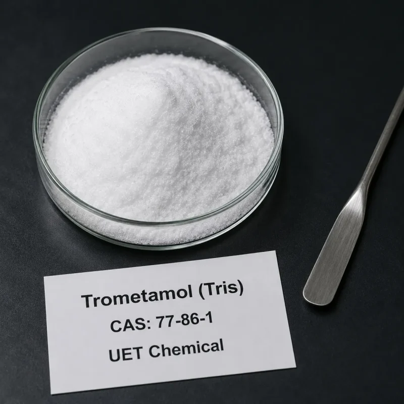White crystalline powder sample of Trometamol (Tris) CAS 77-86-1 in a glass petri dish on a black background, with a metal spatula and product label showing UET Chemical branding.