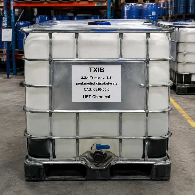 txib-ibc-tote-container-cas-6846-50-0-uetchmical White IBC tote container with metal frame and discharge valve, filled with TXIB (2,2,4-Trimethyl-1,3-pentanediol diisobutyrate, CAS 6846-50-0), UET Chemical brand, suitable for large-scale industrial use