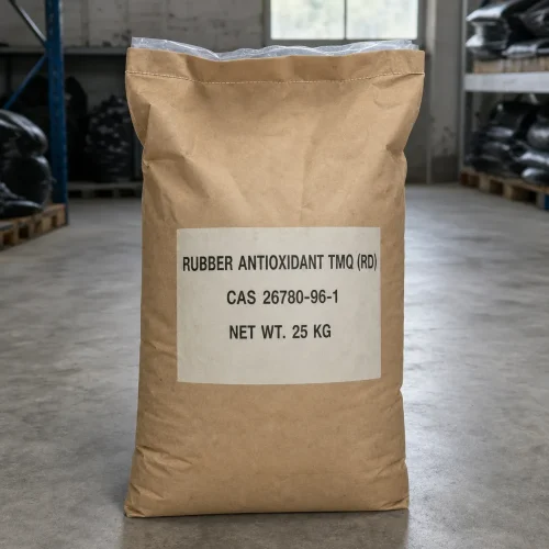 Detailed front view of a single 25kg bag of Rubber Antioxidant TMQ (RD) with plastic inner liner, prominently featuring the CAS 26780-96-1 and 25kg net weight specifications for industrial rubber compounding.