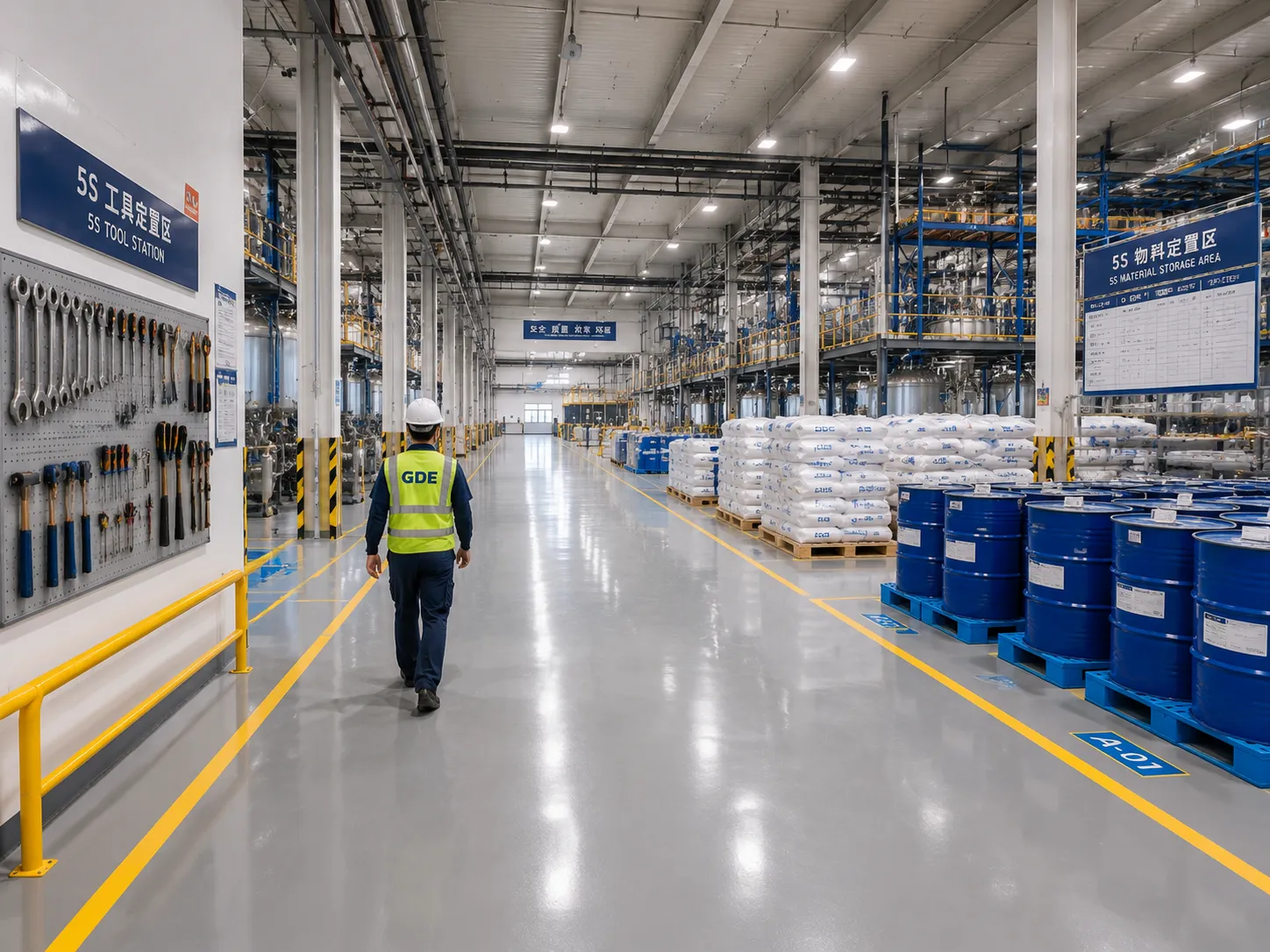 5S housekeeping at UET Chemical plant: tool shadow board, marked zones, tidy storage and clear aisles