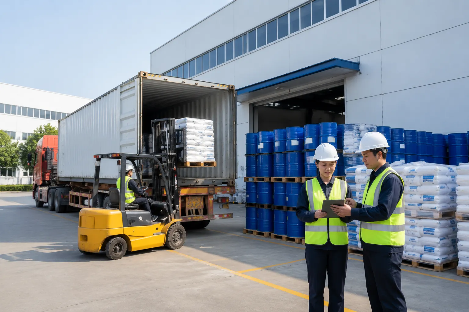 Forklift loading chemical bag pallets into container at UET Chemical's own dock while export team verifies shipment on tablet