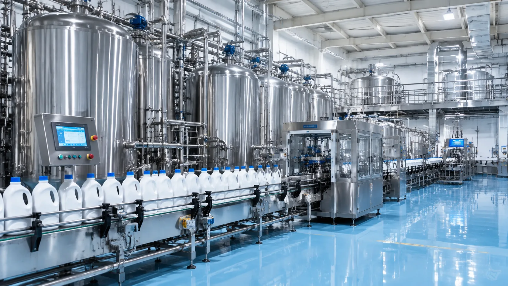 Modern automated liquid chemical filling line and stainless steel reactors at UET Chemical, showcasing our custom manufacturing capacity for the EU market detergent industry.