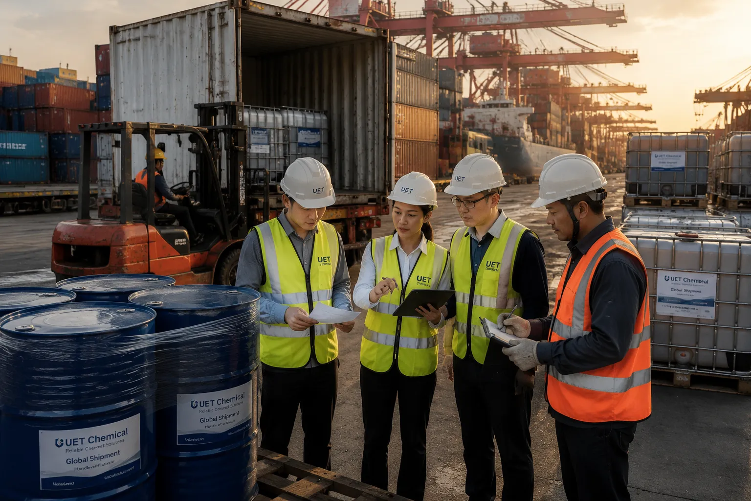 UET Chemical export and logistics team coordinating a global shipment of chemical drums and IBC tanks at a major container port in China.