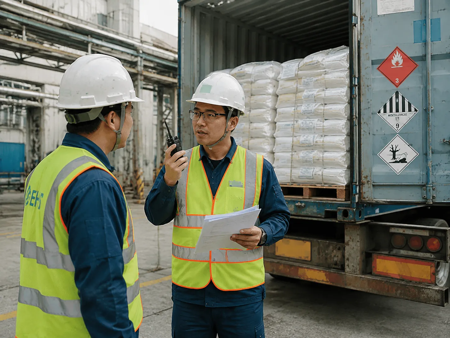 Export logistics team coordinating DG cargo loading at UET Chemical loading dock