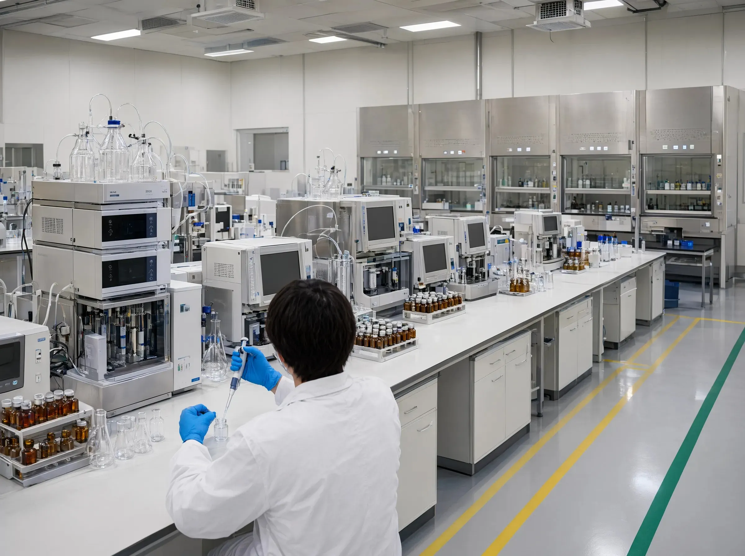 UET Chemical in-house QC laboratory: technician preparing sample vials for HPLC and GC purity analysis