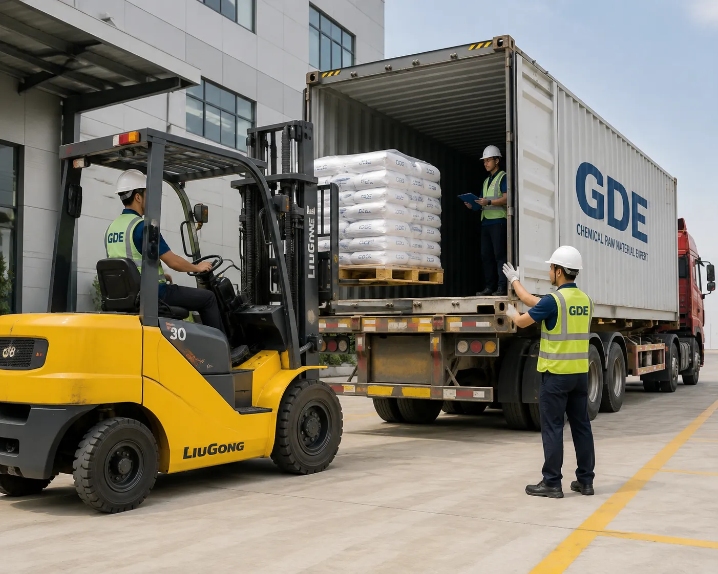 Forklift loading ready-stock chemical pallets into container at UET Chemical dock for dispatch within 3–7 days