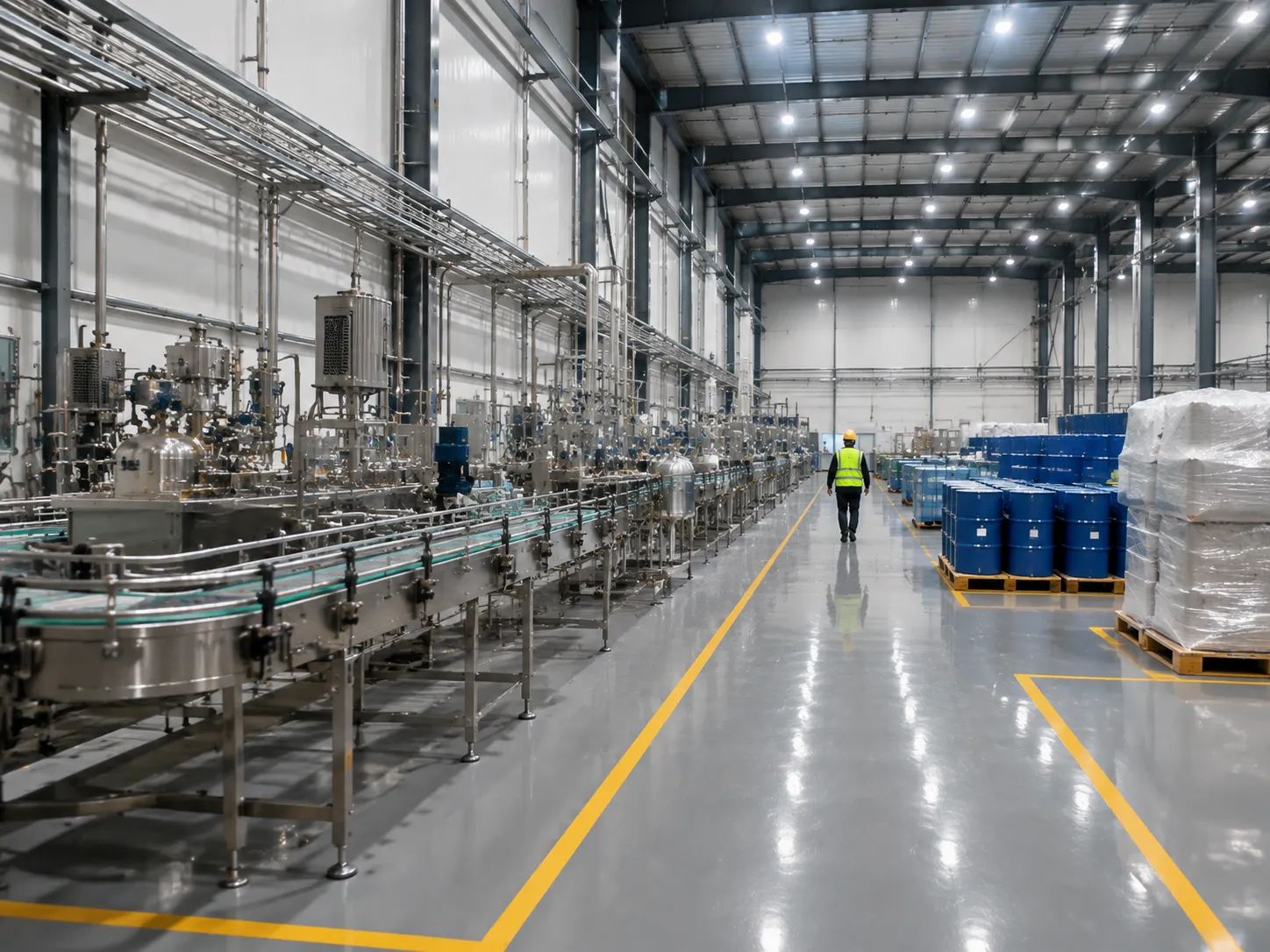 Panoramic view of UET Chemical's modern main production line featuring extensive stainless steel piping and automated manufacturing equipment in a clean factory environment.
