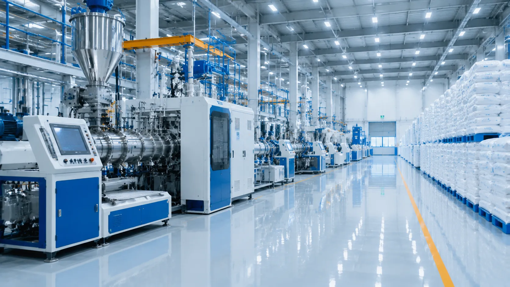 Advanced automated powder processing and packaging production line at UET Chemical facility, delivering fully traceable food-grade additive lots for global food and beverage manufacturers.