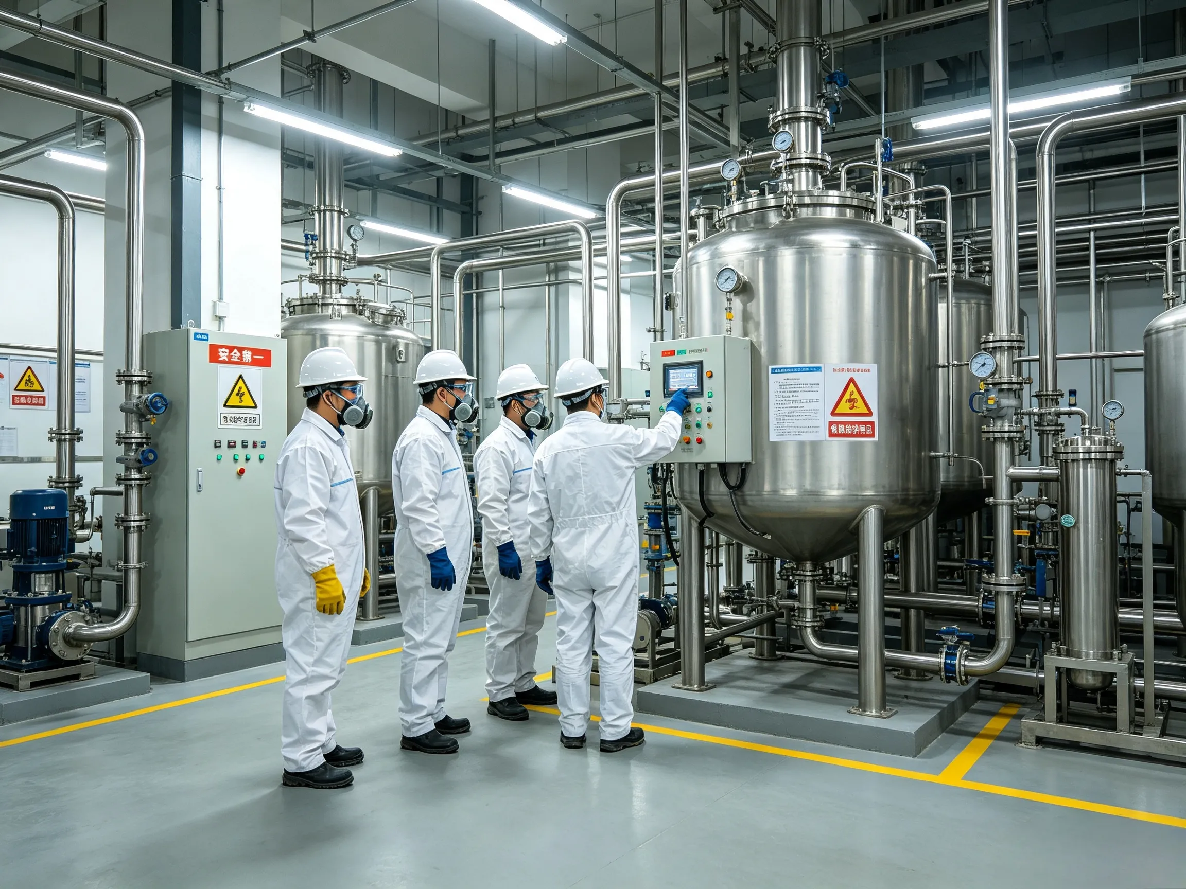 Workers wearing full PPE operating stainless steel reactors in UET Chemical production zone