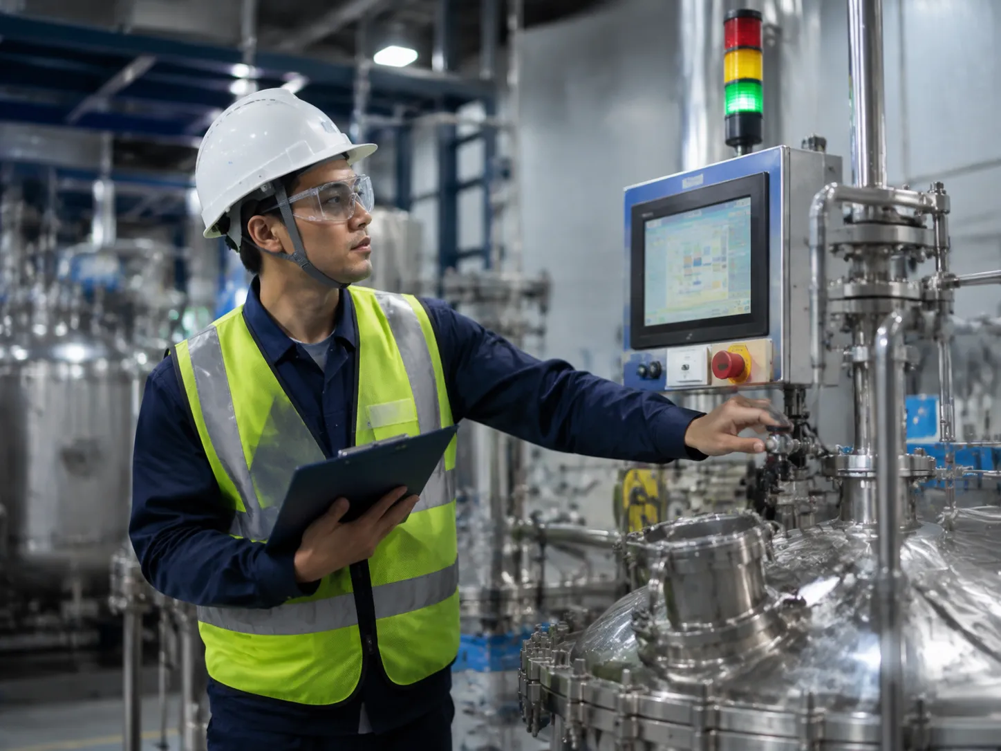 Production engineer monitoring line operation and process control at UET Chemical plant