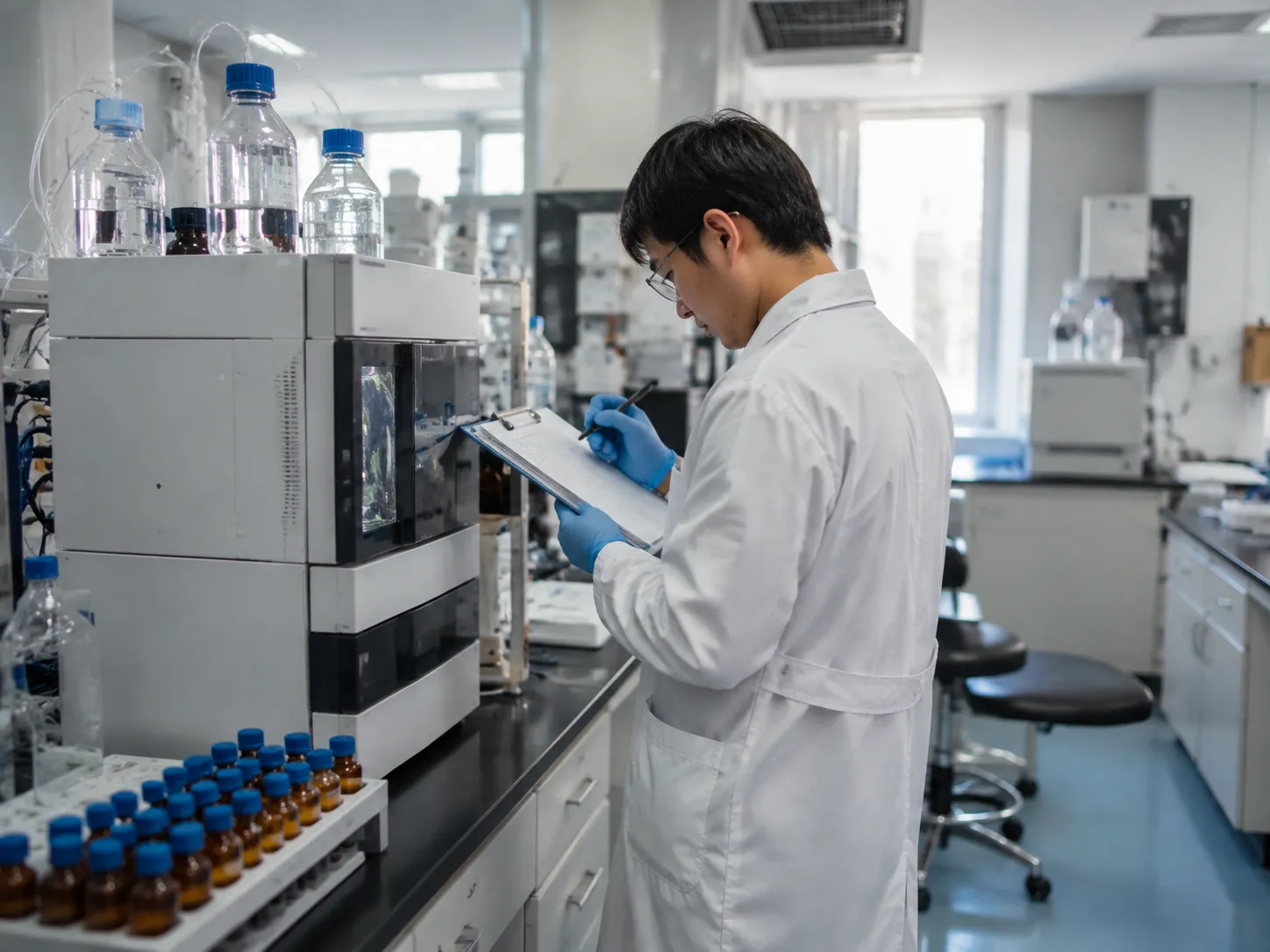QC specialist recording batch test results beside HPLC in UET Chemical laboratory