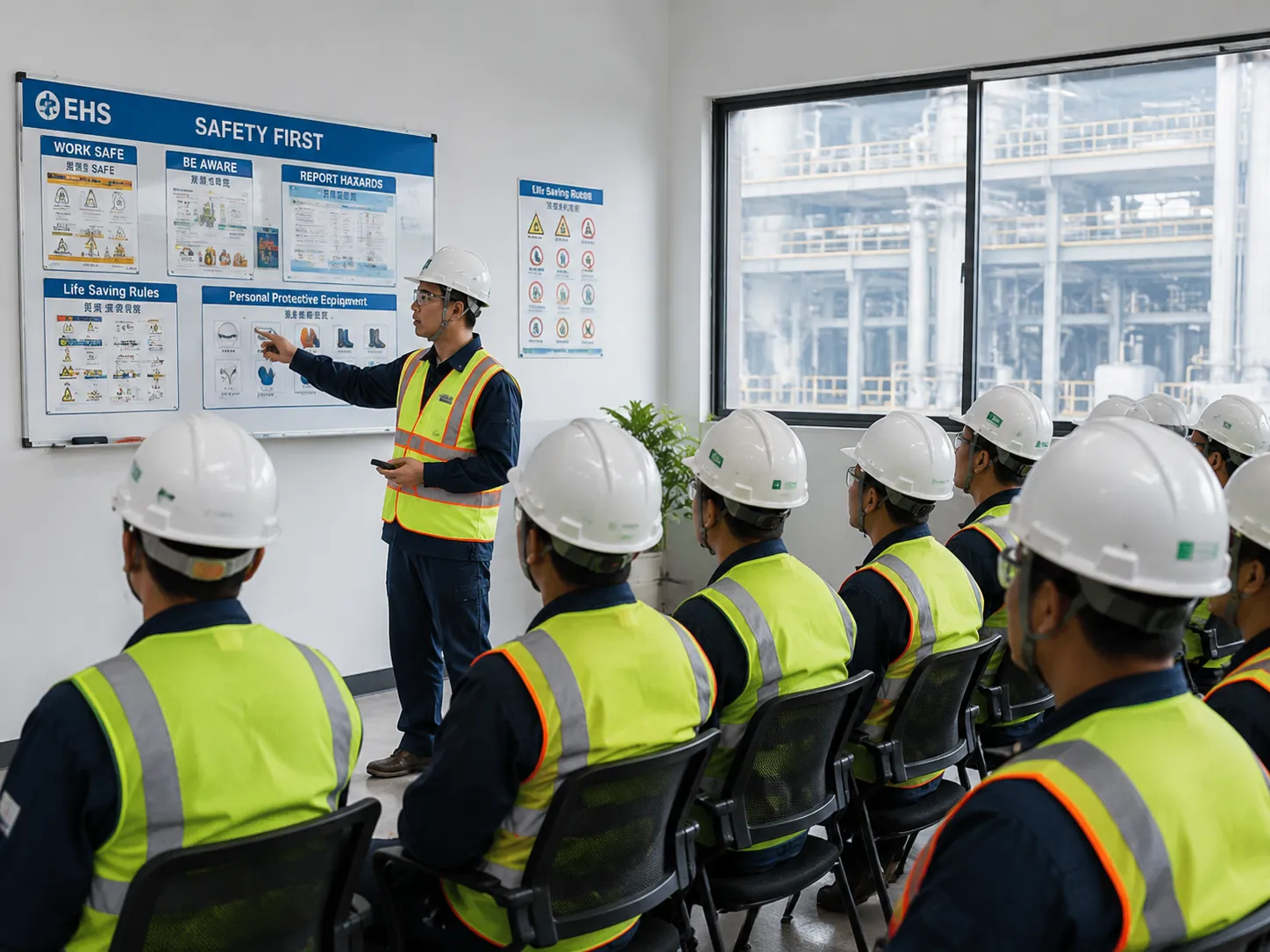 EHS trainer leading regular safety training for shift teams at UET Chemical, PPE rules on the board